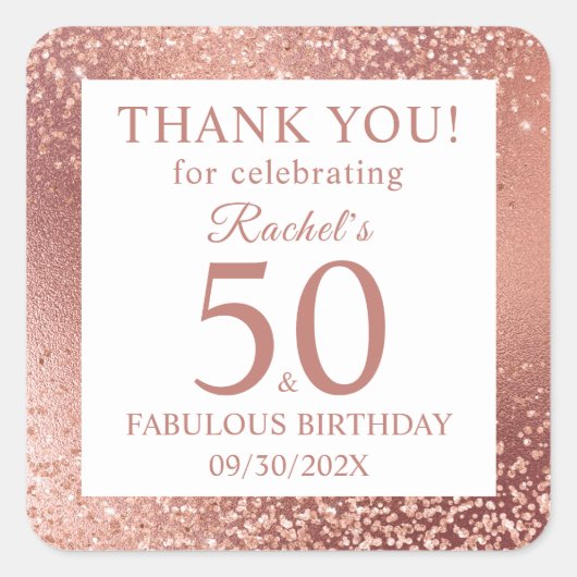Sticker Carré Elégant Rose Gold 50e Anniversaire Merci (Devant)