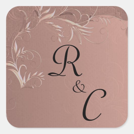 Sticker Carré Élégant Rose Mariage or Monogramme (Devant)