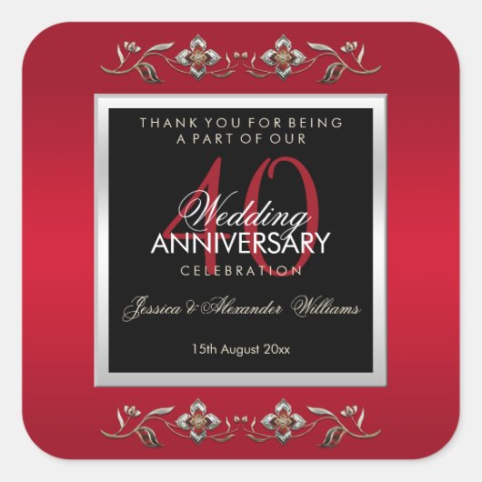 Sticker Carré Elégant Ruby Gemstones 40e anniversaire de Mariage (Devant)