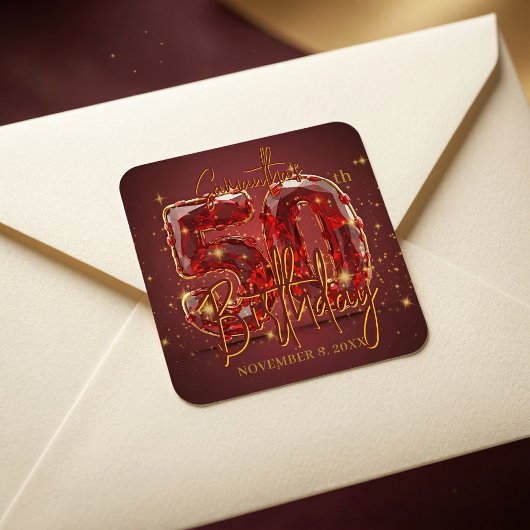 Sticker Carré Elegant Ruby Red Gold Gem 50th Birthday Party