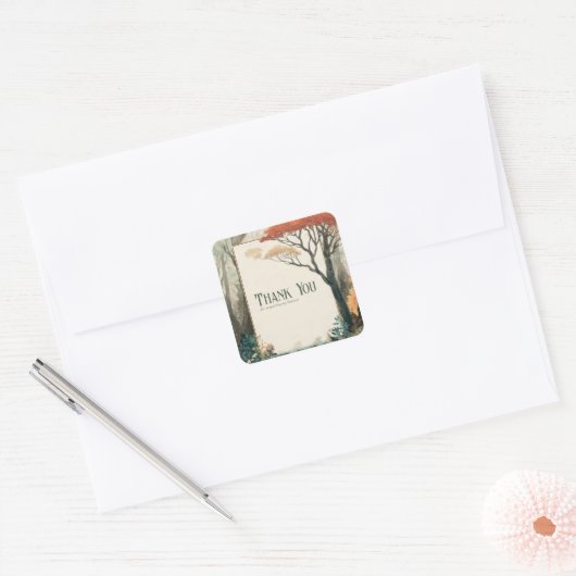 Sticker Carré Elegant Rustic Autumn Tree Gold Frame Forest (Enveloppe)