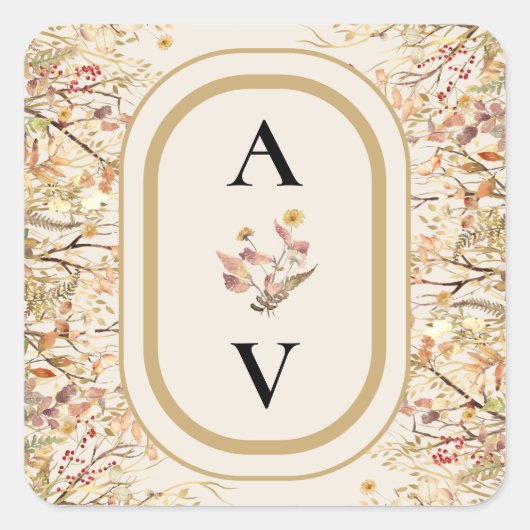 Sticker Carré Élégant Rustique Automne Beige Mariage Monogramme (Devant)