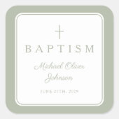 Sticker Carré Elegant Sage Green Cross Boy Baptism  (Devant)