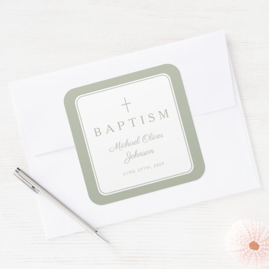 Sticker Carré Elegant Sage Green Cross Boy Baptism  (Enveloppe)
