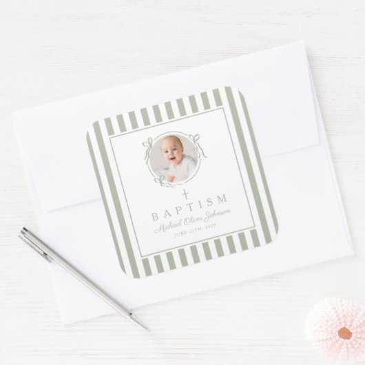 Sticker Carré Elegant Sage Green Photo Baptism (Enveloppe)