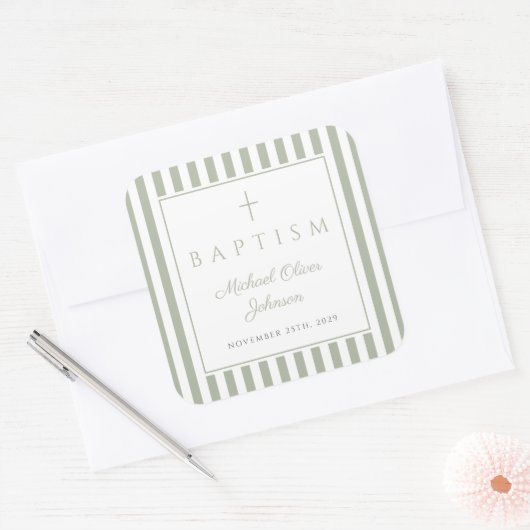 Sticker Carré Elegant Sage Green Religious Cross Baptism (Enveloppe)