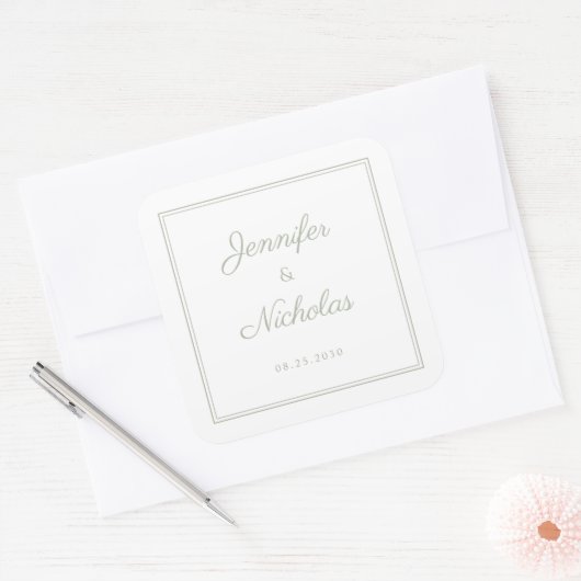 Sticker Carré Elegant Sage Green Script Wedding (Enveloppe)