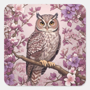 Sticker Carré Elégant Scops Owl Purple Floral