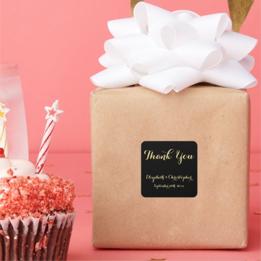 Sticker Carré Élégant Script Black Gold Mariage Merci Faveurs (Fête)