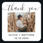 Sticker Carré Élégant script minimaliste mariage merci photo<br><div class="desc">Élégant script minimaliste noir et blanc mariage merci photo sticker. Veuillez me contacter si vous avez besoin d'autres articles.</div>