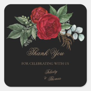 Sticker Carré Élégant script noir & or Merci floral rouge