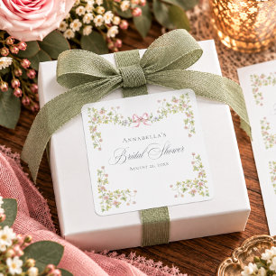 Sticker Carré Élégant Shower de Mariage Floral Pastel Victorien