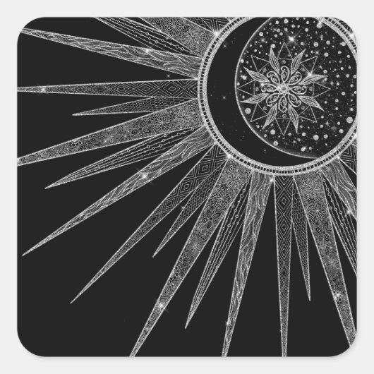 Sticker Carré Elégant Silver Sun Moon Mandala Black Design (Devant)