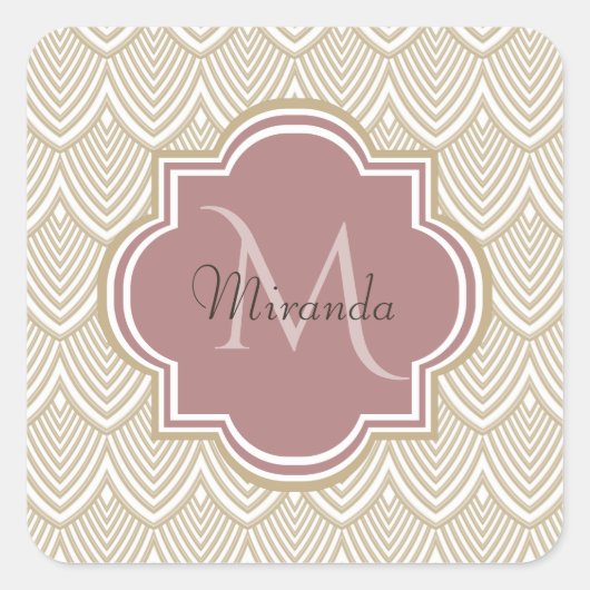 Sticker Carré Élégant Tan Arched Scallops Mauve Monogramme Nom (Devant)