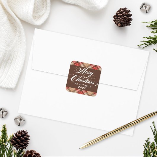 Sticker Carré Élégant Tan Brown Tartan Plaid Joyeux Noël