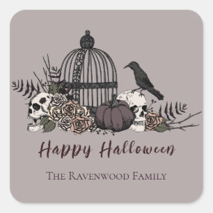Sticker Carré Elégant Taupe Grey Gothic Happy Halloween
