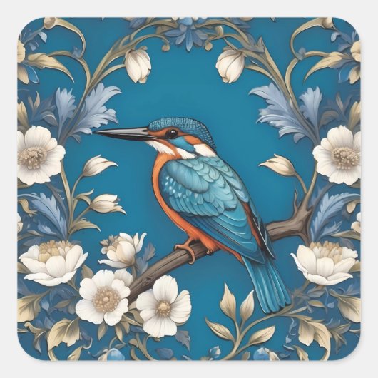 Sticker Carré Élégant turquoise Kingfisher Bird Floral (Devant)