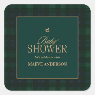 Sticker Carré Élégant Vert marine or Plaid tartan Baby shower