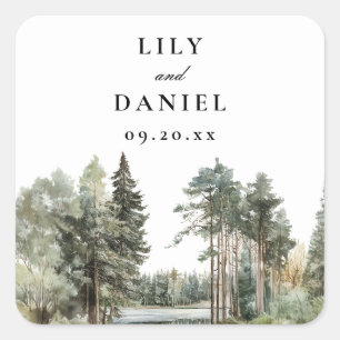 Sticker Carré Elégant Watercolor Lake Forest Mariage Woodland