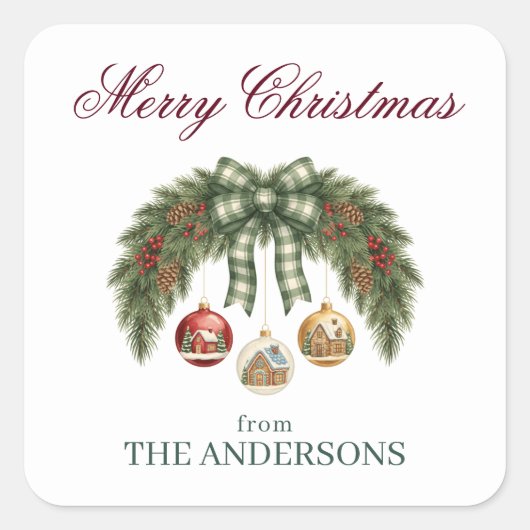 Sticker Carré Elegant Watercolor Pine and Berry Merry Christmas (Devant)