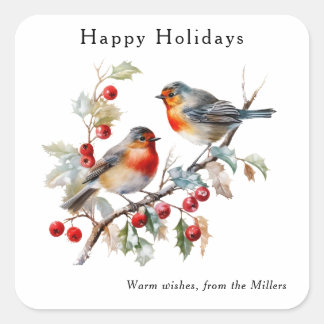 Sticker Carré Elegant Watercolor Robin Happy Holidays Custom