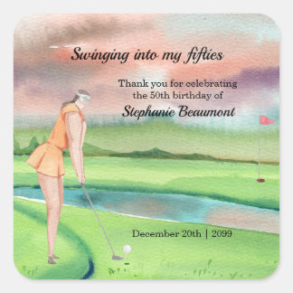 Sticker Carré Elegant Woman Golf Player Swinging 50th Birthday