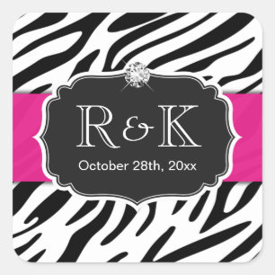 Sticker Carré Elégant Zebra Imprimer Hot Rose Mariage Initiales 