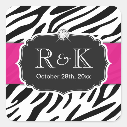 Sticker Carré Elégant Zebra Imprimer Hot Rose Mariage Initiales  (Devant)