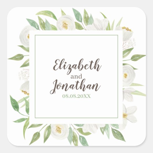 Sticker Carré Elégante aquarelle blanc & vert Mariage floral (Devant)