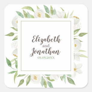 Sticker Carré Elégante aquarelle blanc & vert Mariage floral