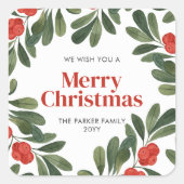 Sticker Carré Elégante aquarelle de Noël Verdure Berries rouges (Devant)