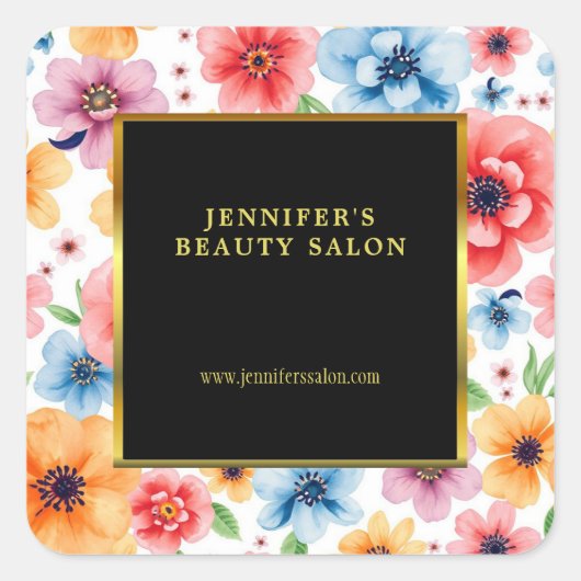 Sticker Carré Elégante aquarelle fleurs or blanc professionnel (Devant)