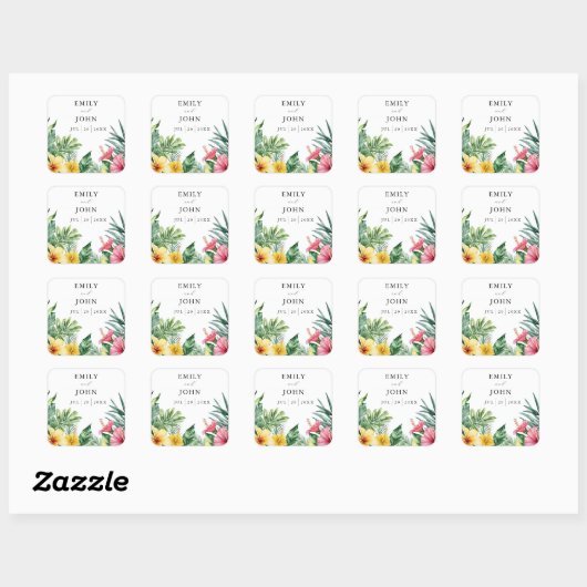 Sticker Carré Elégante aquarelle Fleurs tropicales Mariage Faveu (Feuille)
