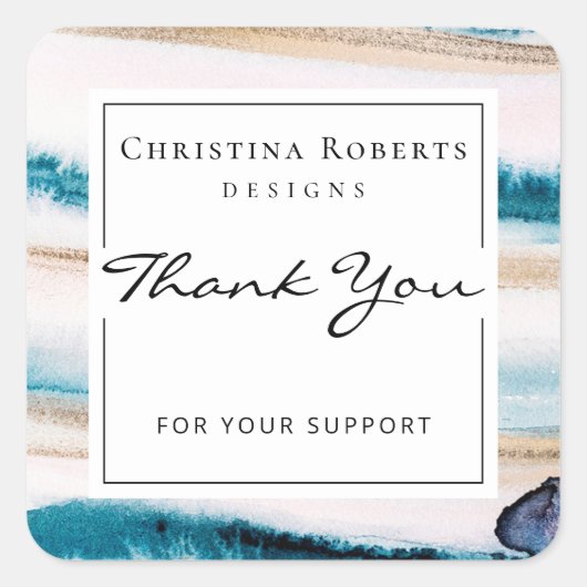 Sticker Carré Elégante aquarelle Merci bleu or (Devant)