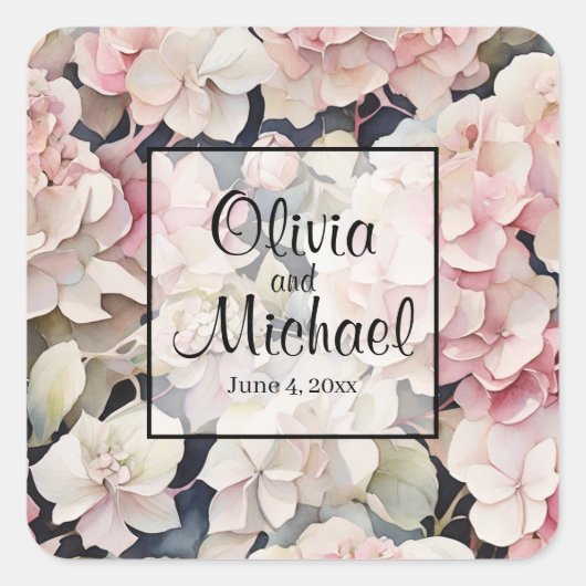 Sticker Carré Elégante aquarelle rose hydrangées florales (Devant)