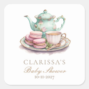 Sticker Carré Elégante Baby shower d'aquarelle Tea Party