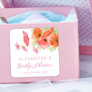 Sticker Carré Élégante Baby Shower Fille Fleurs Aquarelle