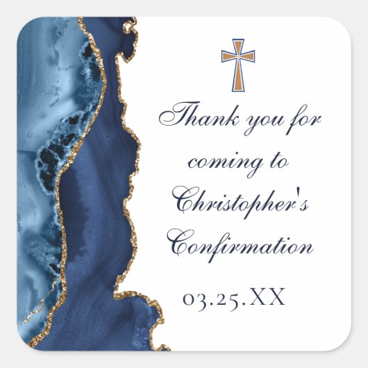 Sticker Carré Élégante confirmation Croix Marine Blue Gold Agate (Devant)