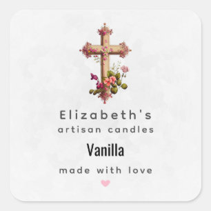 Sticker Carré Elégante Croix en bois avec Fleurs roses bougie Bi
