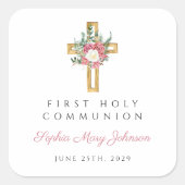 Sticker Carré Elégante Croix Florale Première Communion Fille (Devant)