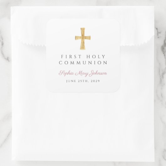 Sticker Carré Elégante Croix rose Première communion de fille (Sac)