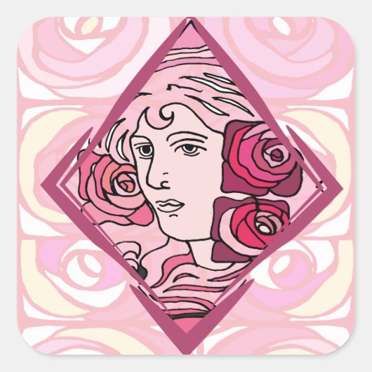 Sticker Carré Élégante femme Rose Art Nouveau (Devant)
