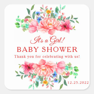 Sticker Carré Élégante Fleur de Rose Rose pour Baby Shower