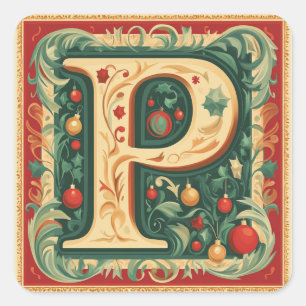 Sticker Carré Élégante lettre de Noël P : Rouge et Or