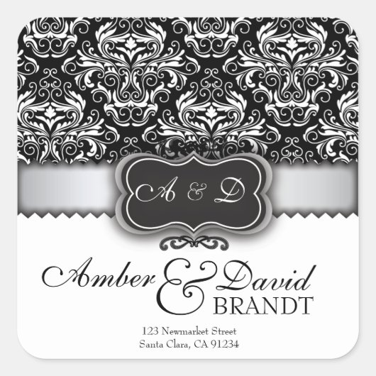 Sticker Carré Élégante marque de mariage Black Damask et Silver (Devant)