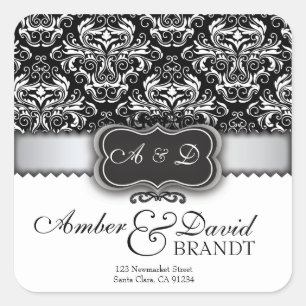 Sticker Carré Élégante marque de mariage Black Damask et Silver