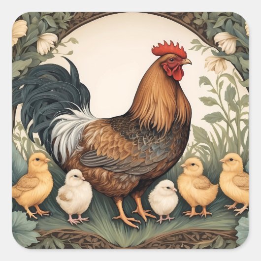 Sticker Carré Élégante Mère Hen Avec Poussins (Devant)