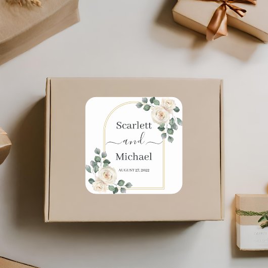 Sticker Carré Elégante Rose blanche moderne et Mariage d'arc dor