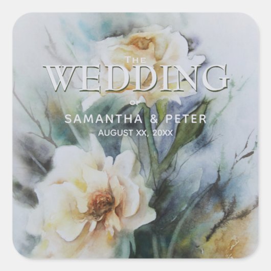 Sticker Carré Elégante Rose d'aquarelle avec Sage Green (Devant)