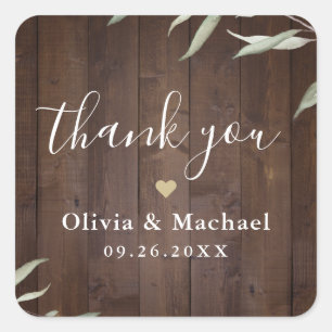 Sticker Carré Élégante verdure bois merci mariage rustique